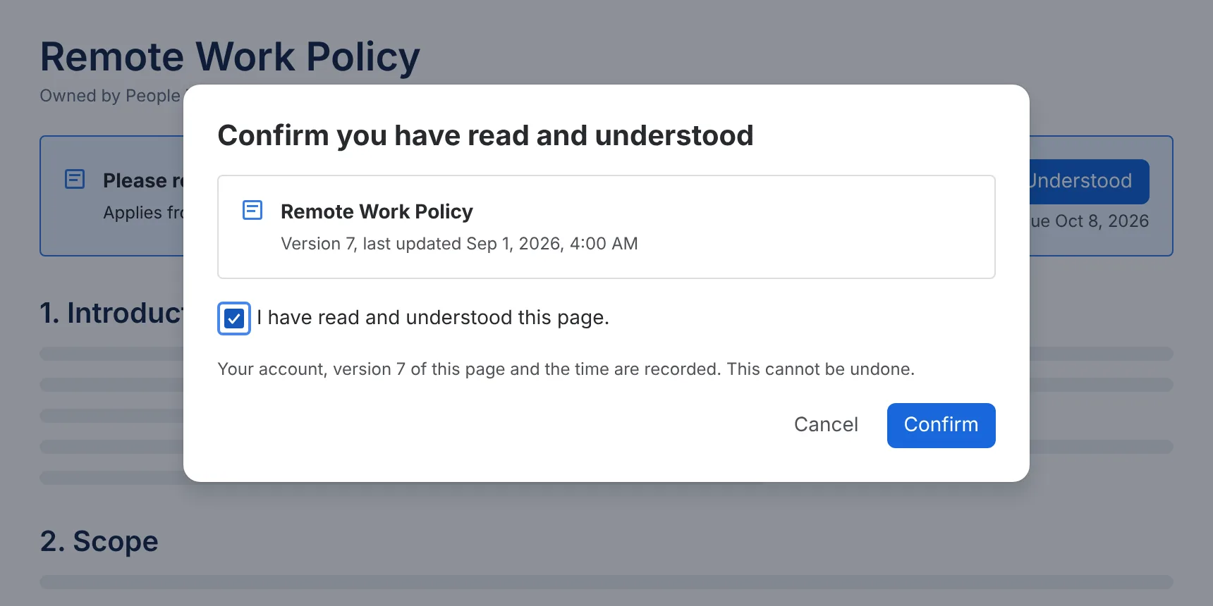 A confirmation dialog titled Confirm you have read and understood. It names the page Remote Work Policy at version 7 and has a ticked box reading I have read and understood this page.